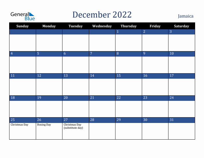 December 2022 Jamaica Calendar (Sunday Start)