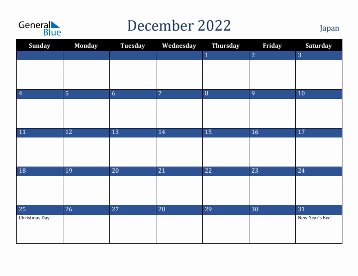 December 2022 Japan Calendar (Sunday Start)