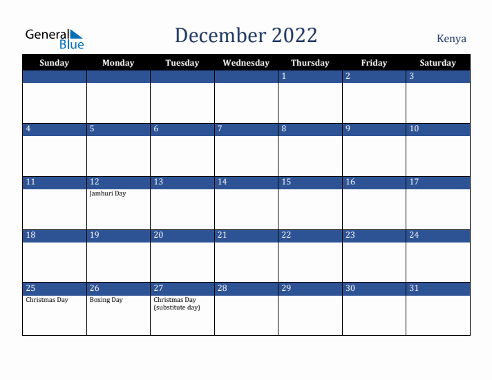 December 2022 Kenya Calendar (Sunday Start)