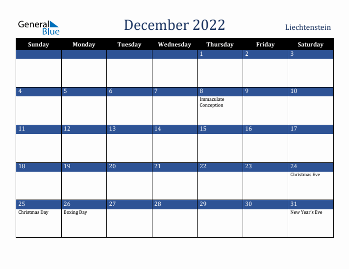 December 2022 Liechtenstein Calendar (Sunday Start)
