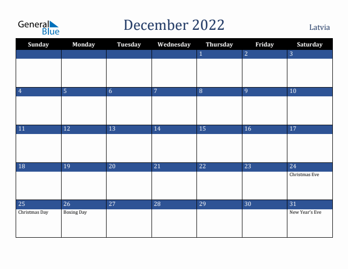 December 2022 Latvia Calendar (Sunday Start)