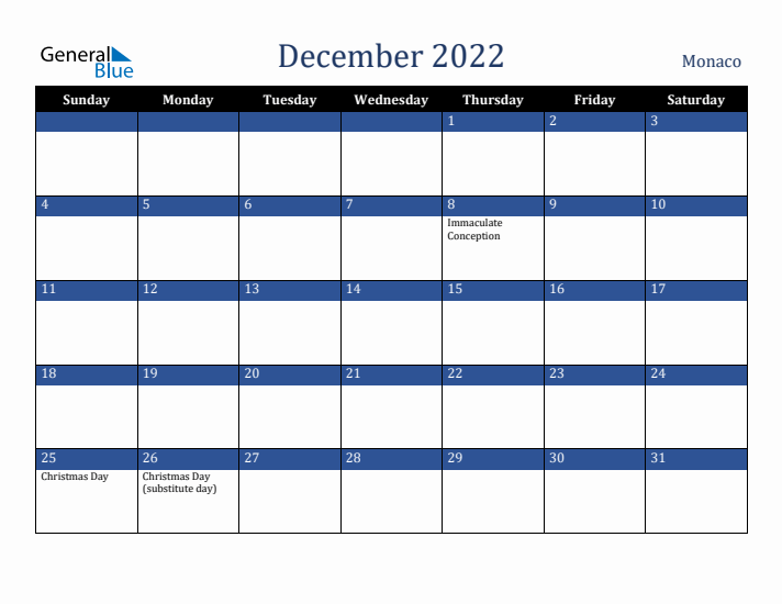 December 2022 Monaco Calendar (Sunday Start)