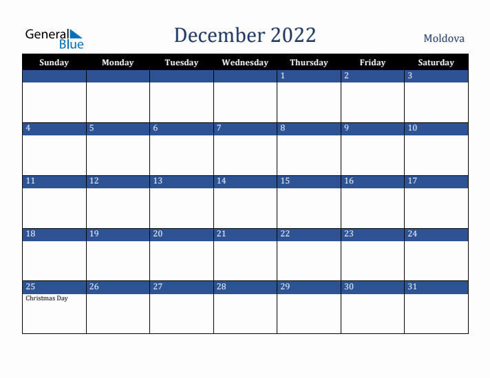 December 2022 Moldova Calendar (Sunday Start)
