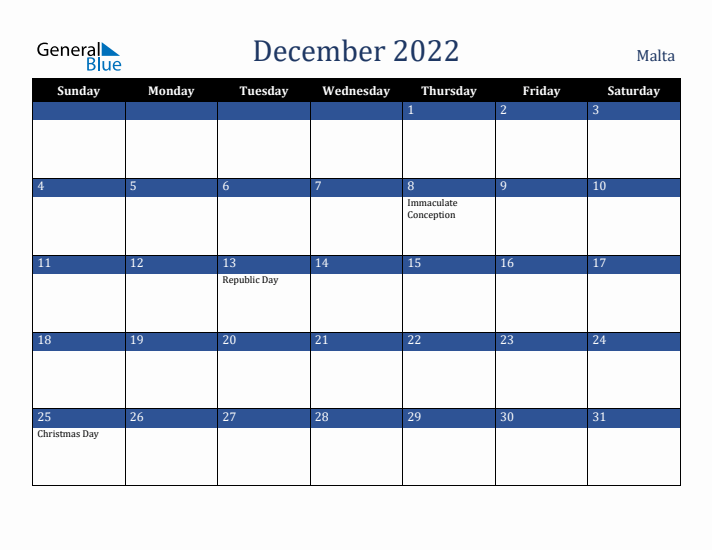 December 2022 Malta Calendar (Sunday Start)