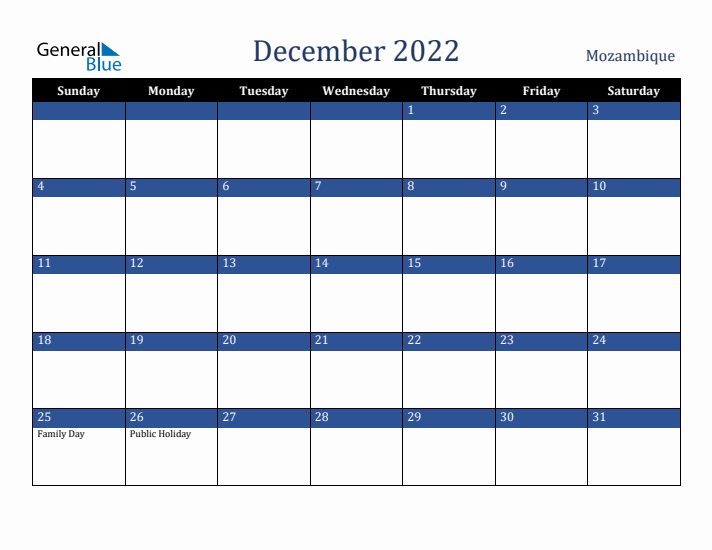 December 2022 Mozambique Calendar (Sunday Start)