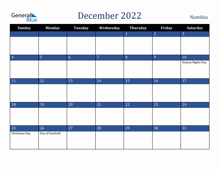 December 2022 Namibia Calendar (Sunday Start)
