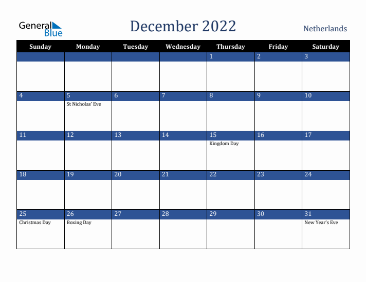 December 2022 The Netherlands Calendar (Sunday Start)