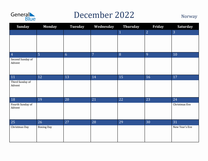 December 2022 Norway Calendar (Sunday Start)