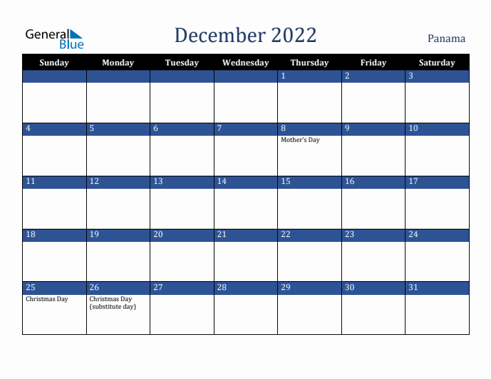 December 2022 Panama Calendar (Sunday Start)