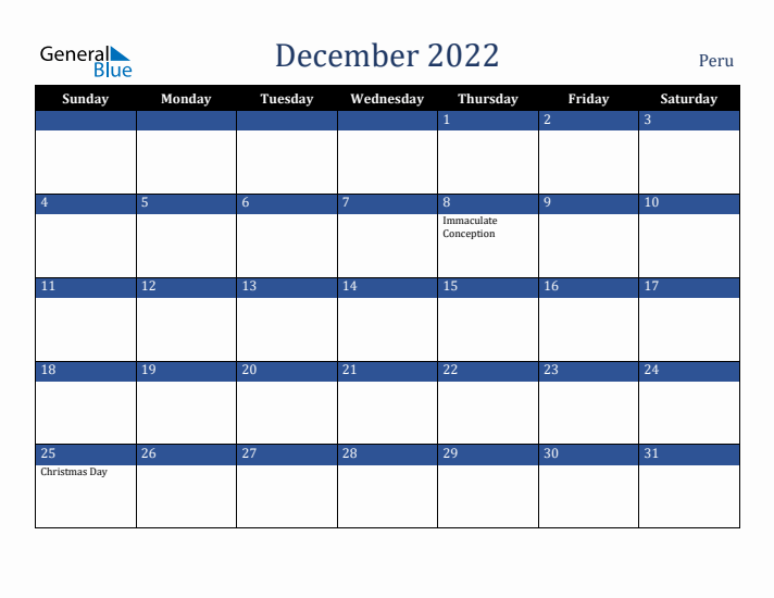 December 2022 Peru Calendar (Sunday Start)