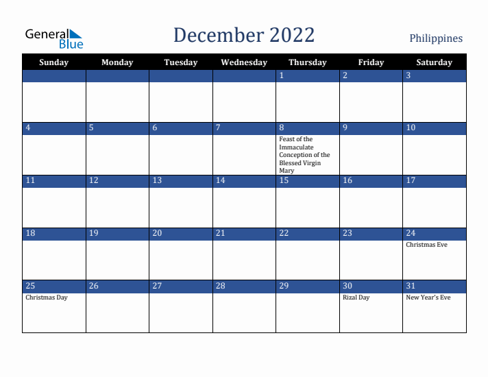 December 2022 Philippines Calendar (Sunday Start)