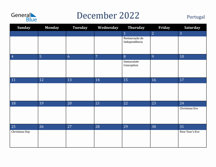 December 2022 Portugal Calendar (Sunday Start)