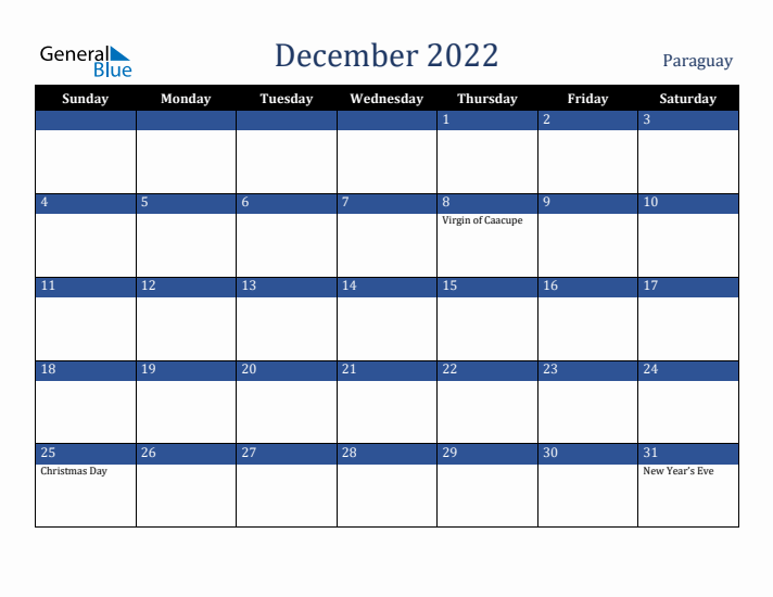 December 2022 Paraguay Calendar (Sunday Start)