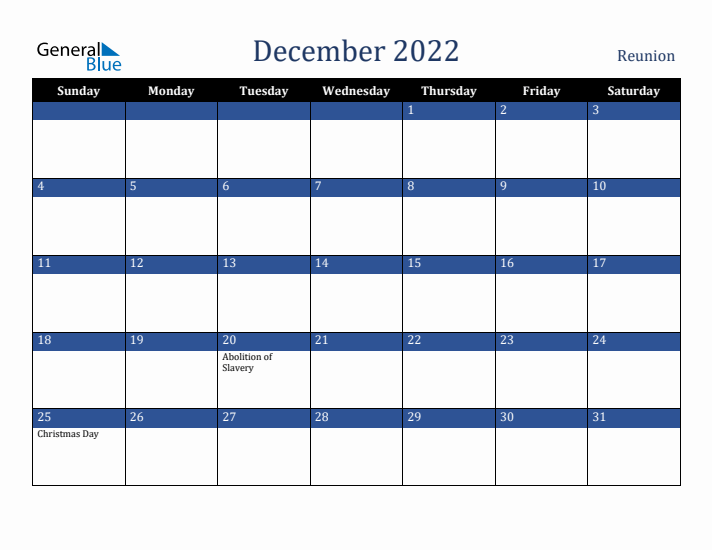 December 2022 Reunion Calendar (Sunday Start)
