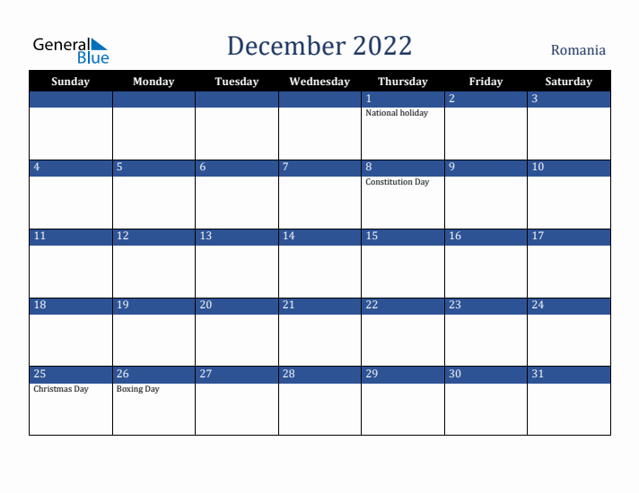 December 2022 Romania Calendar (Sunday Start)