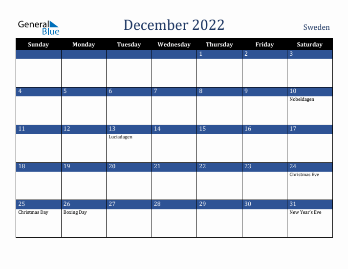 December 2022 Sweden Calendar (Sunday Start)