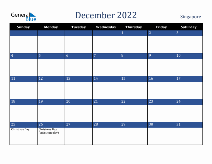 December 2022 Singapore Calendar (Sunday Start)