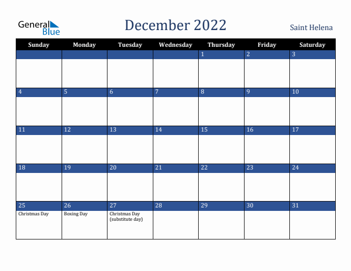 December 2022 Saint Helena Calendar (Sunday Start)