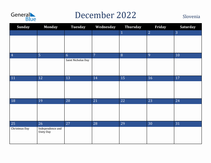 December 2022 Slovenia Calendar (Sunday Start)
