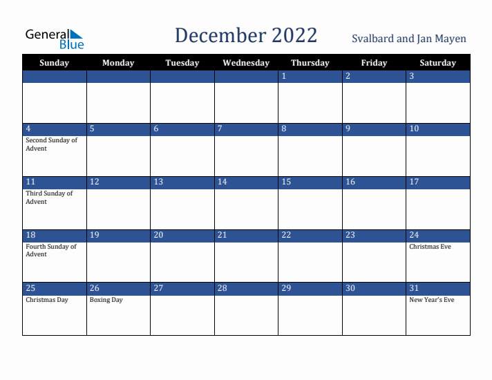 December 2022 Svalbard and Jan Mayen Calendar (Sunday Start)