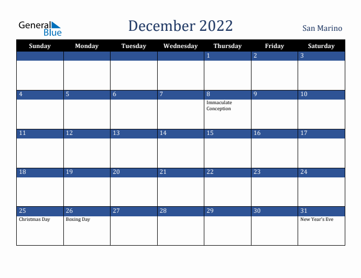 December 2022 San Marino Calendar (Sunday Start)