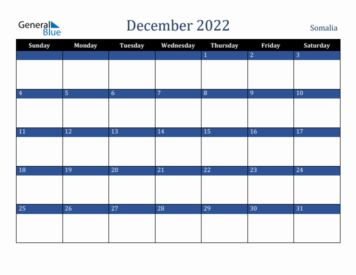December 2022 Somalia Calendar (Sunday Start)