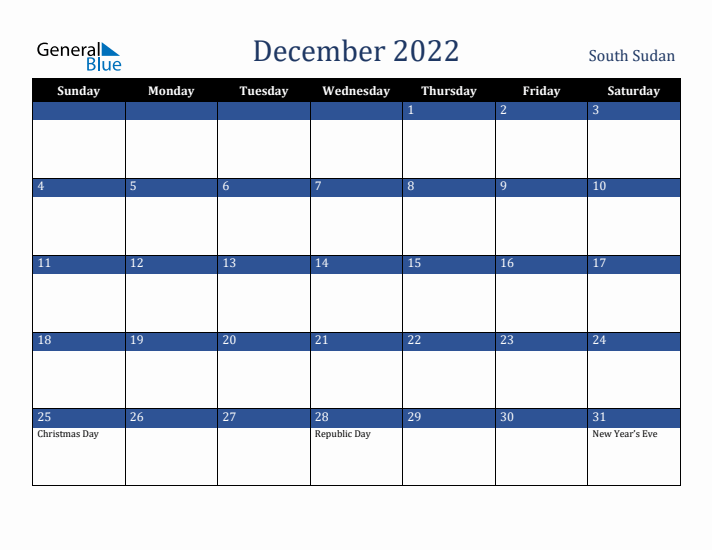December 2022 South Sudan Calendar (Sunday Start)