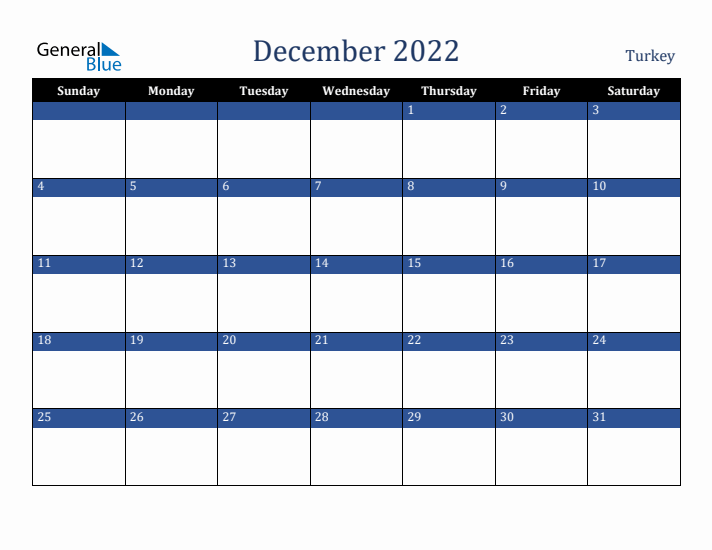 December 2022 Turkey Calendar (Sunday Start)