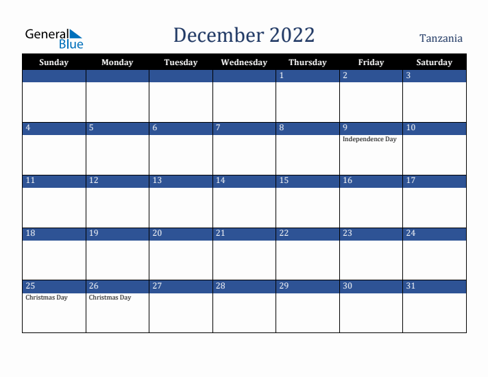 December 2022 Tanzania Calendar (Sunday Start)