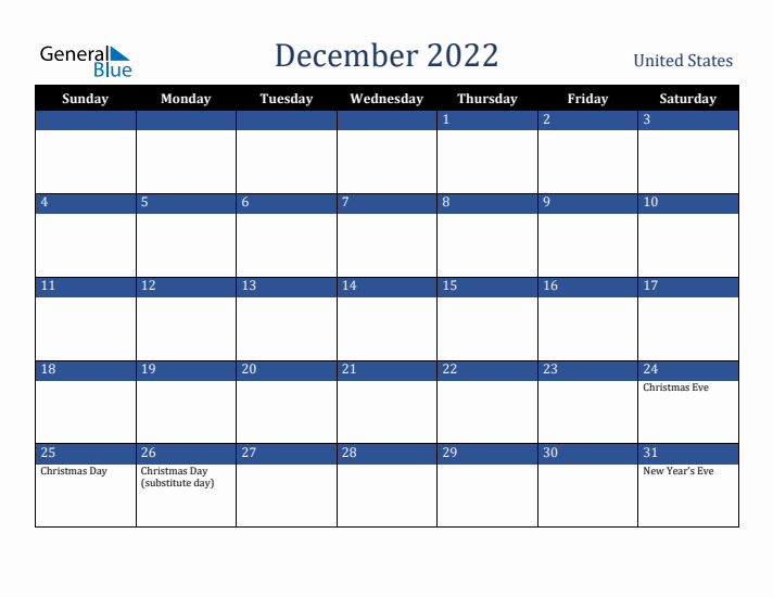 December 2022 United States Calendar (Sunday Start)