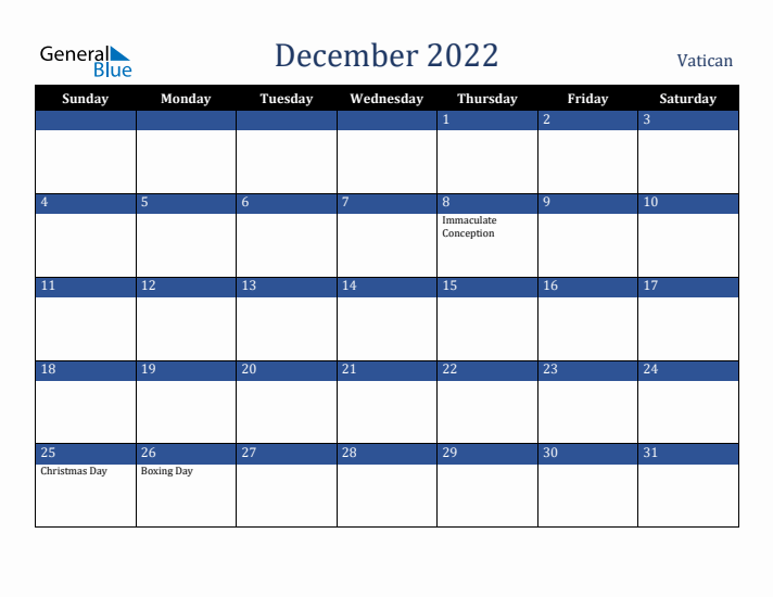 December 2022 Vatican Calendar (Sunday Start)