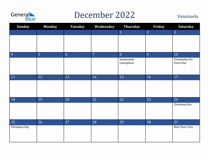 December 2022 Venezuela Calendar (Sunday Start)