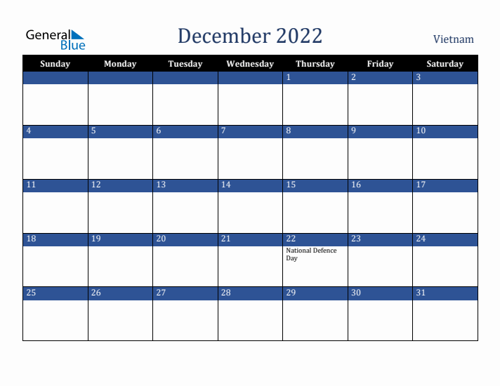 December 2022 Vietnam Calendar (Sunday Start)