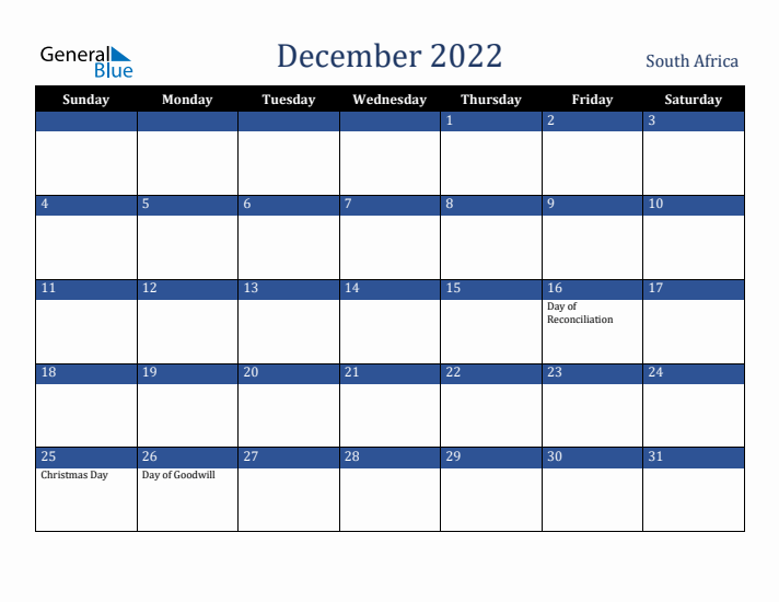 December 2022 South Africa Calendar (Sunday Start)