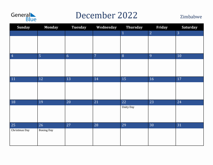 December 2022 Zimbabwe Calendar (Sunday Start)