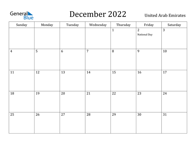 December 2022 Calendar United Arab Emirates