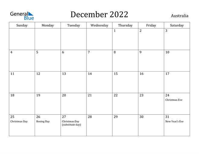 Printable Calendar 2022 December Australia December 2022 Calendar With Holidays