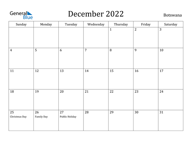 December 2022 Calendar Botswana