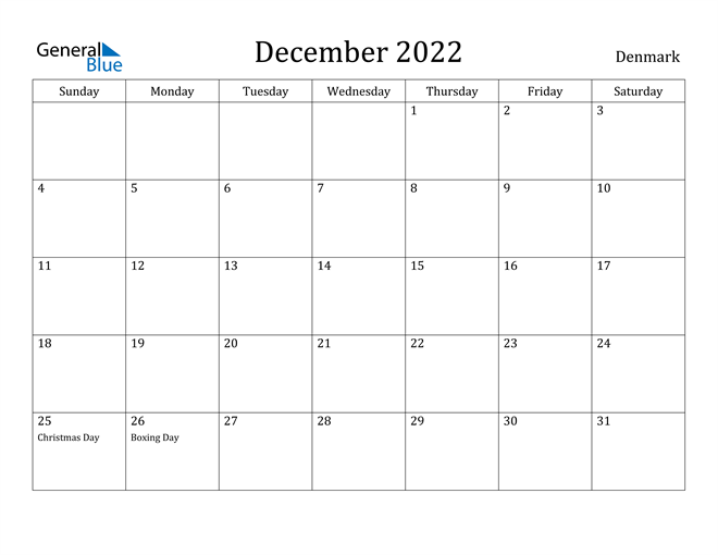 December 2022 Calendar Denmark