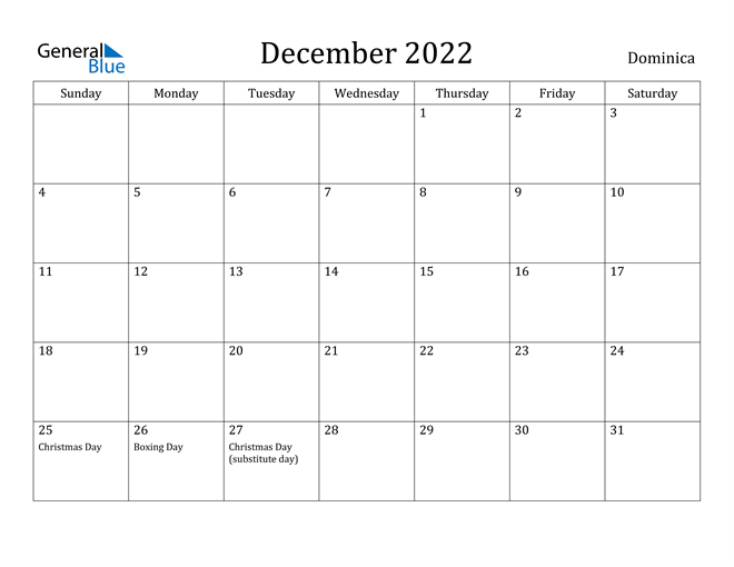 December 2022 Calendar Dominica