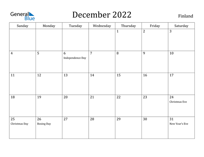 December 2022 Calendar Finland