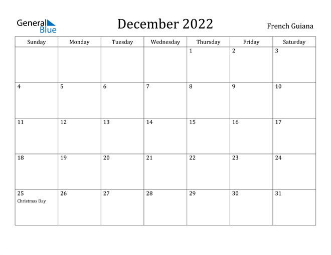 December 2022 Calendar French Guiana