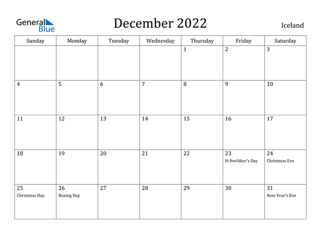 December 2022 Calendar Iceland
