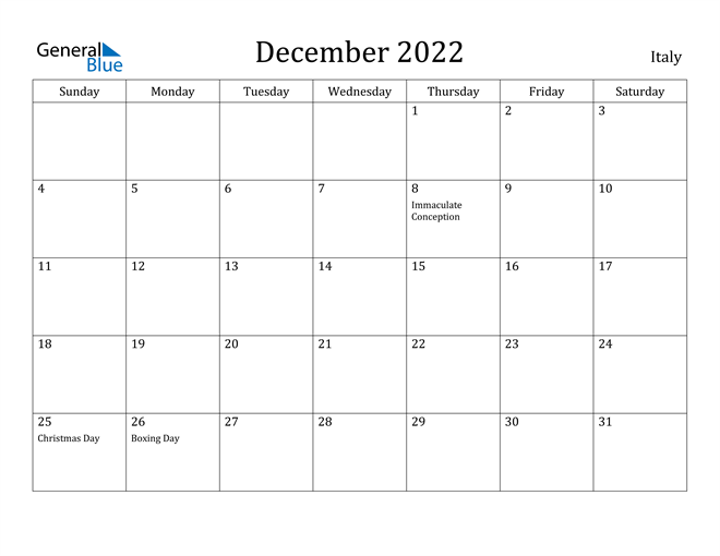 December Calendar For 2022 Italy December 2022 Calendar With Holidays