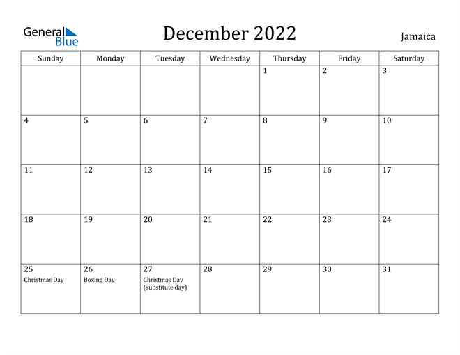 Jamaica December 2022 Calendar With Holidays
