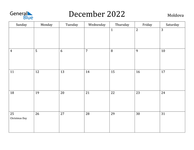 December 2022 Calendar Moldova