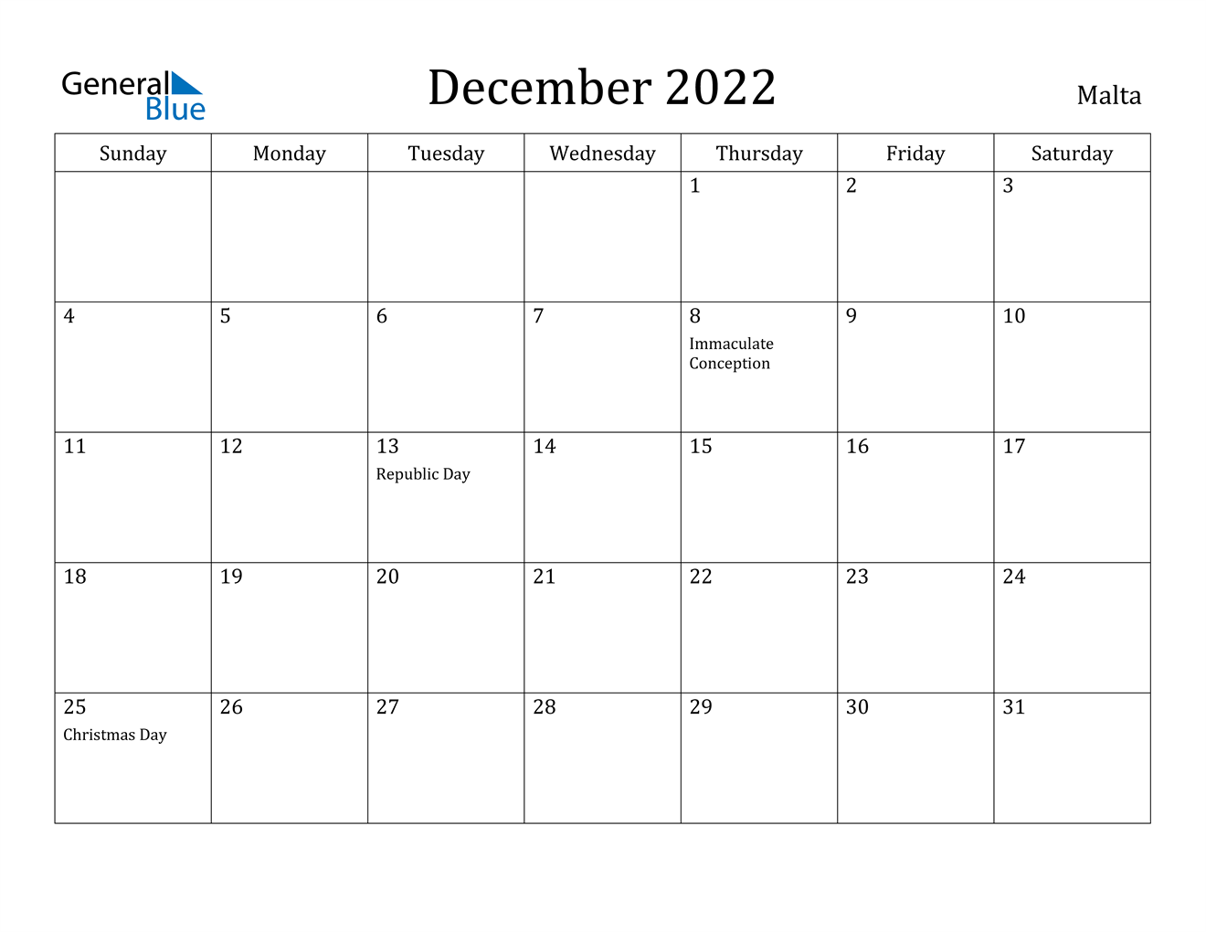 december 2022 calendar malta