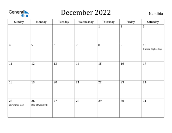 December 2022 Calendar Namibia