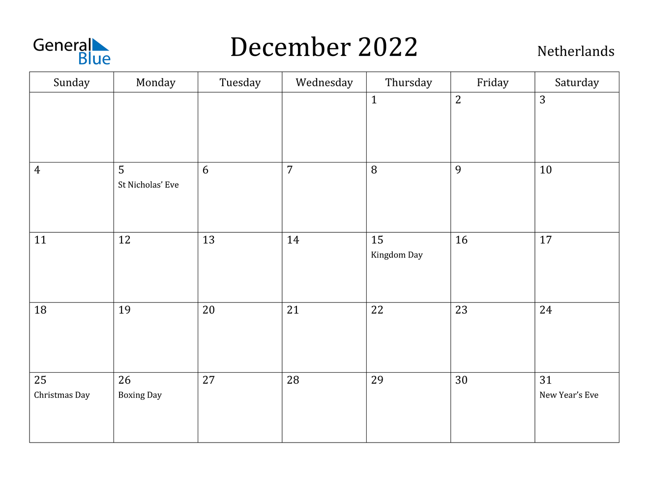 december 2022 calendar netherlands