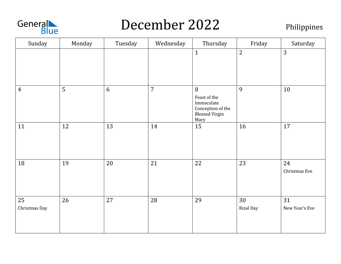 december 2022 calendar philippines